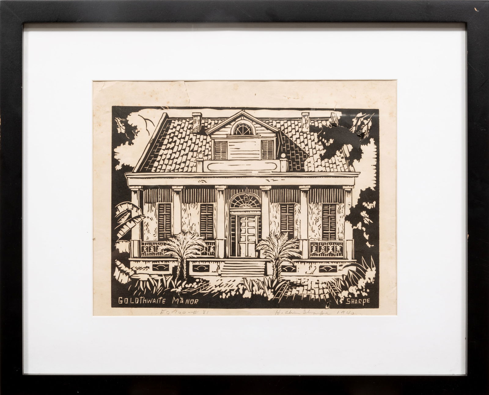 H. Alvin Sharpe, American/Louisiana 1910-1982, "Goldthwaite Manor", block print, 9 x 12 in. (22.9 x (1 of 3)
