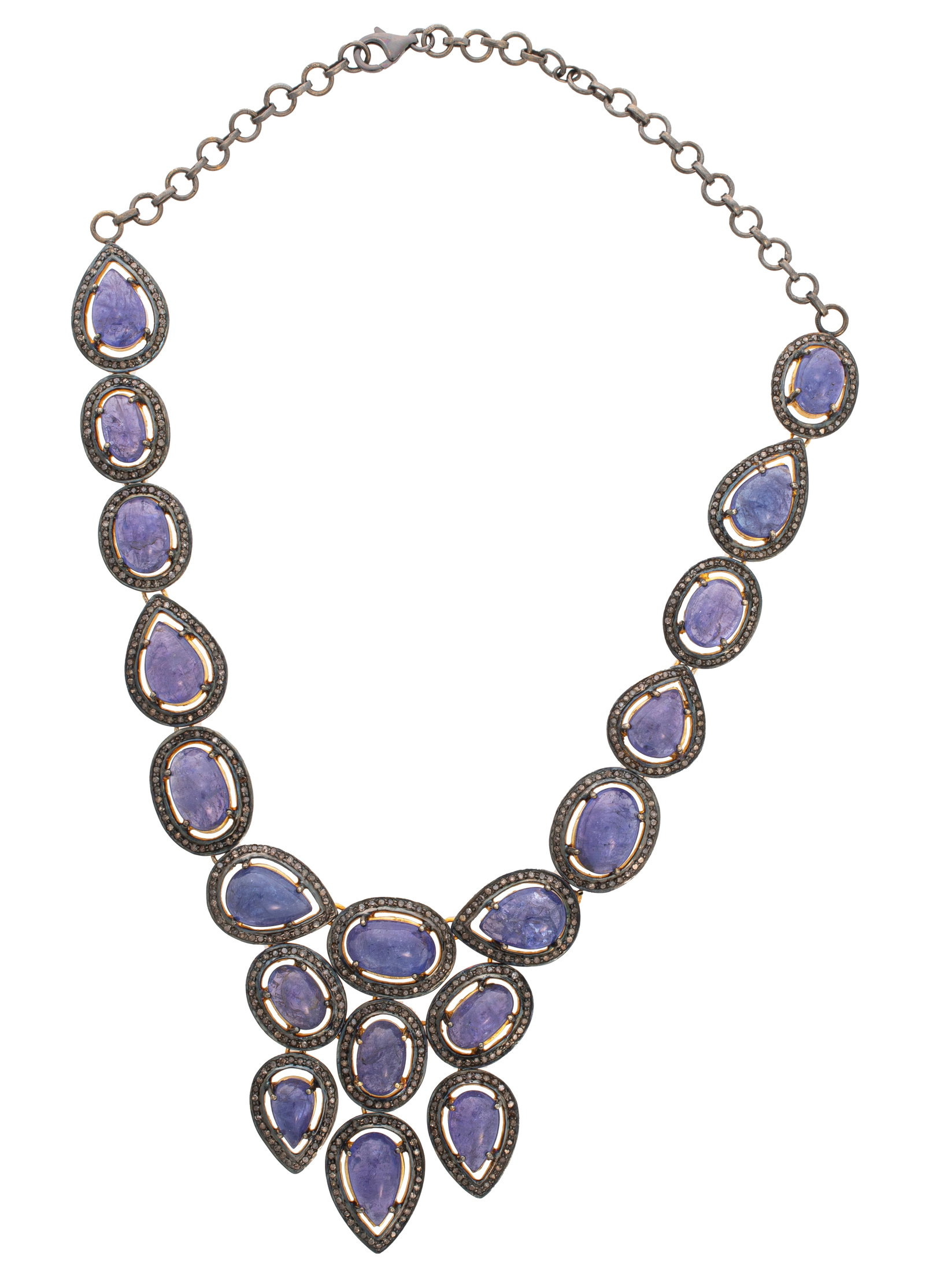 Anodized Silver, Cabochon Tanzanite and Diamond Necklace: Anodized Silver, Cabochon Tanzanite and Diamond Necklace , mounted with 19 pear and oval cabochon tanzanite, total wt. approx. 142 cts.; bezels mounted with approx. 670 single cut diamonds, total wt. 