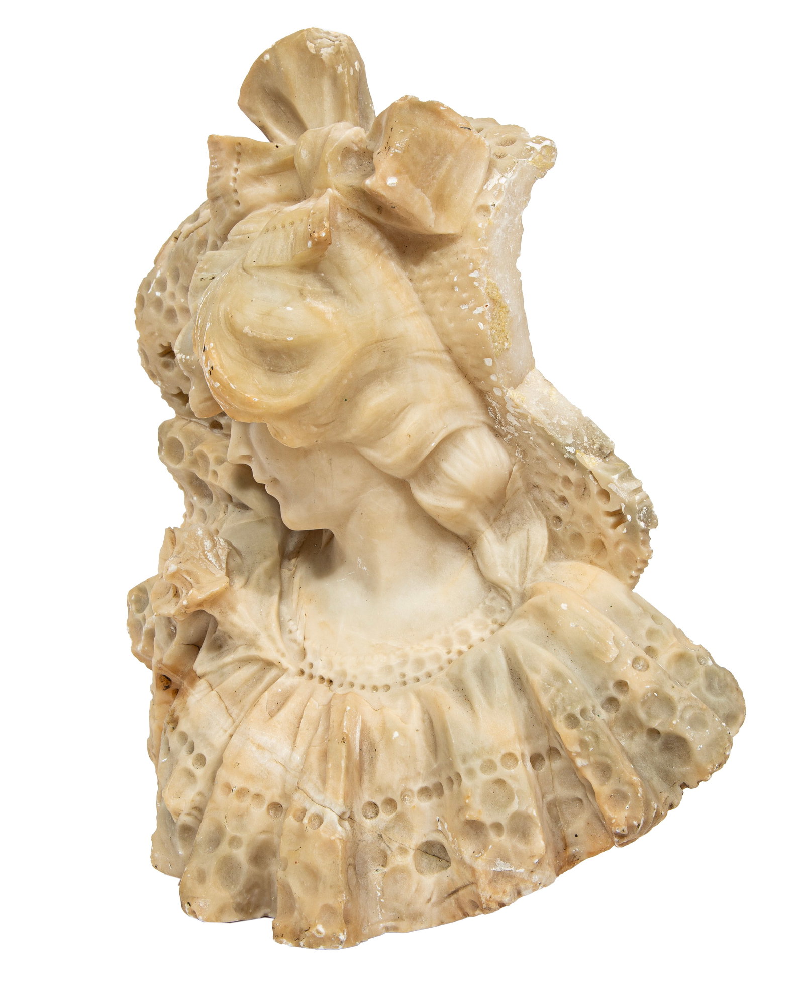 Carved Alabaster Bust of a Young Woman 12 1/2 x 10 x 5 in. (31.8 x 25.4 x 12.7 cm.): Carved Alabaster Bust of a Young Woman illegibly signed "C.L.?" on reverse. Property deaccessioned from the Louisiana State Museum, proceeds to be used for new acquisitions or the direct car