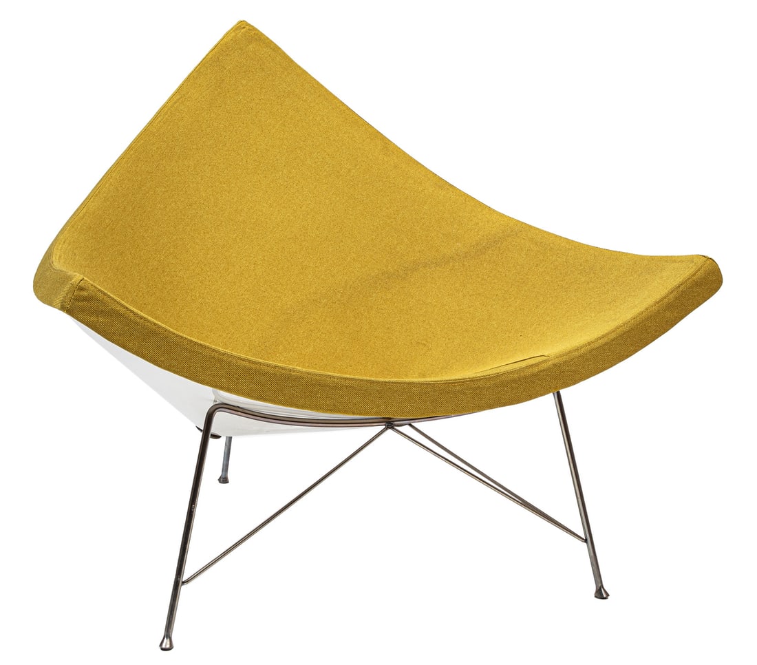 George Nelson-Style Coconut Chair: George Nelson-Style Coconut Chair, unmarked, stainless steel, polycarbonate, padded upholstery, h. 33 1/4 in., w. 41 in., d. 31 in.