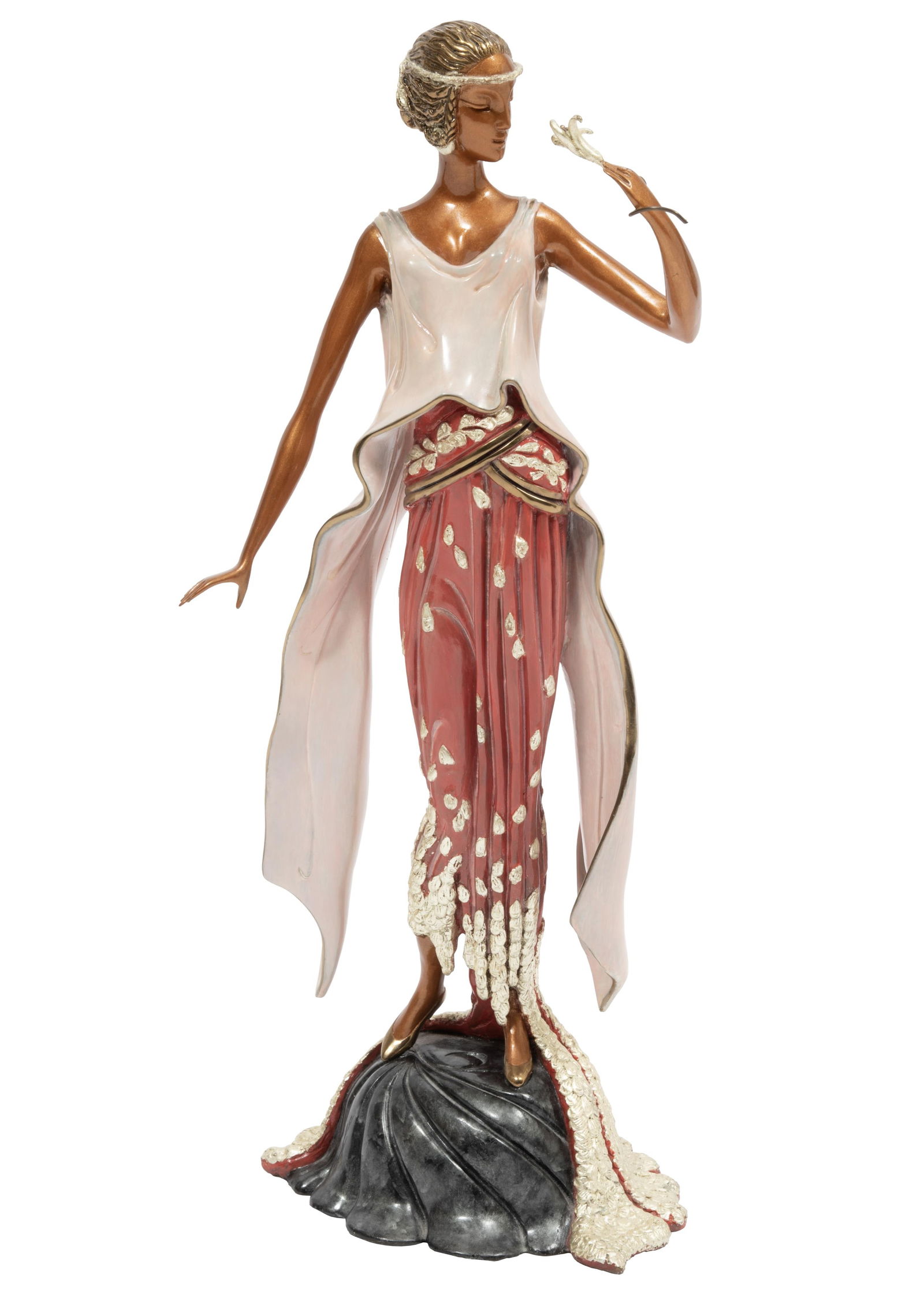 "Erté" Romain de Tirtoff, Russian/French 1892-1990, "Flower Petal Gown", cold-painted and: "Erté" Romain de TirtoffRussian/French, 1892-1990"Flower Petal Gown"cold-painted and partial gilt cast bronze1990, signed on front of self-base, stamped with signature, date,