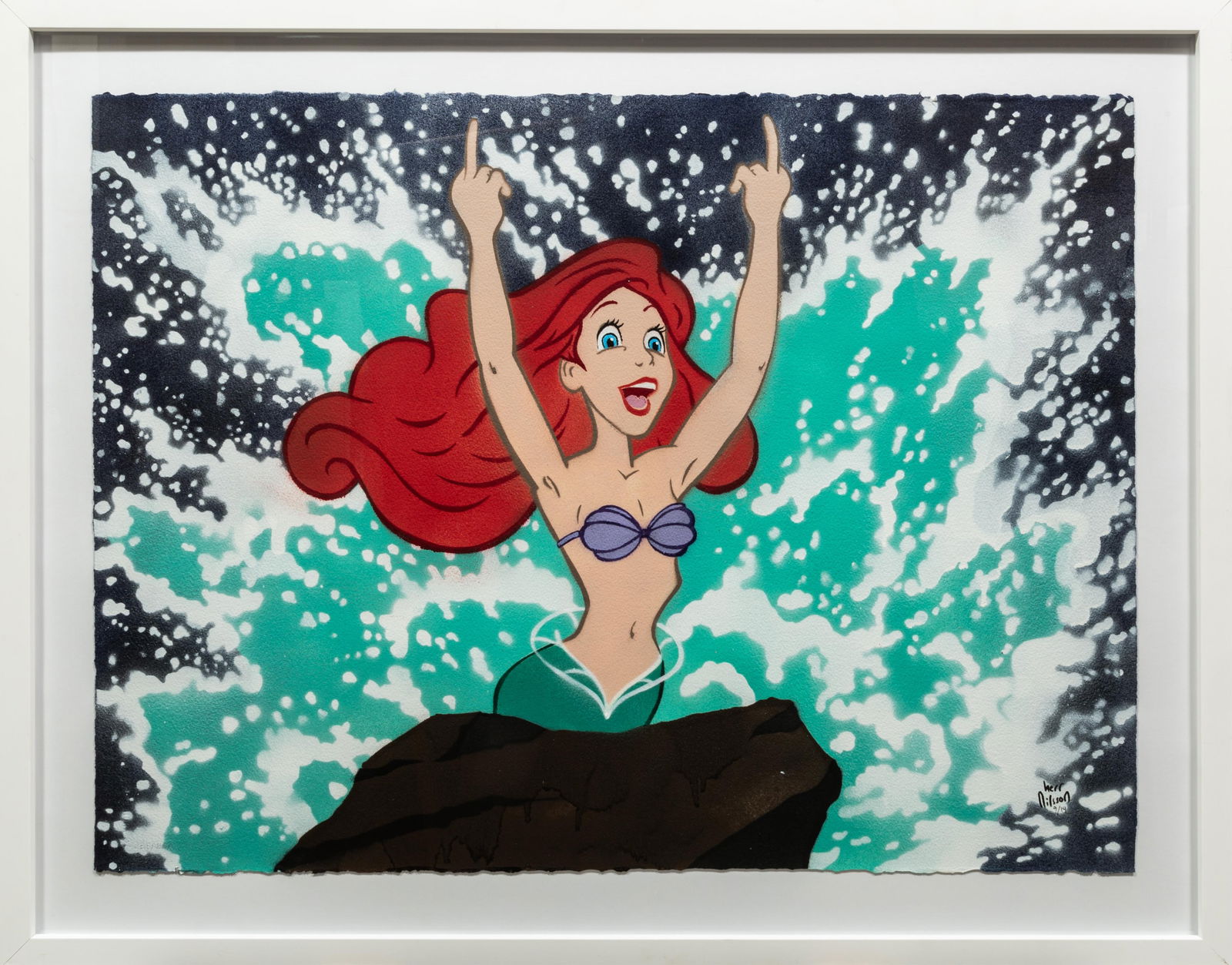 Herr Nilsson, Swedish 20th c., "Part of Your World", stenciled spray paint on paper, 22 1/4 x 30 1/4: Herr NilssonSwedish, 20th c."Part of Your World"stenciled spray paint on paper2021, signed and numbered "9/14" lower right, published by Rena Martin to raise funds for the Clean St