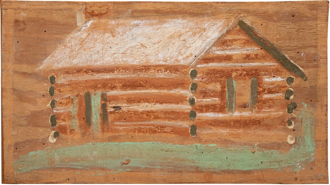 Jimmie Lee Sudduth, American/American 1910-2007, "Cabin", mud, paint and graphite on found panel, 15: Jimmie Lee Sudduth American/American, 1910-2007 "Cabin" mud, paint and graphite on found panel unsigned, 15 1/2 in. x 28 1/4 in., unframed. 15 1/2 x 28 1/4 in. (39.4 x 71.8 cm.)