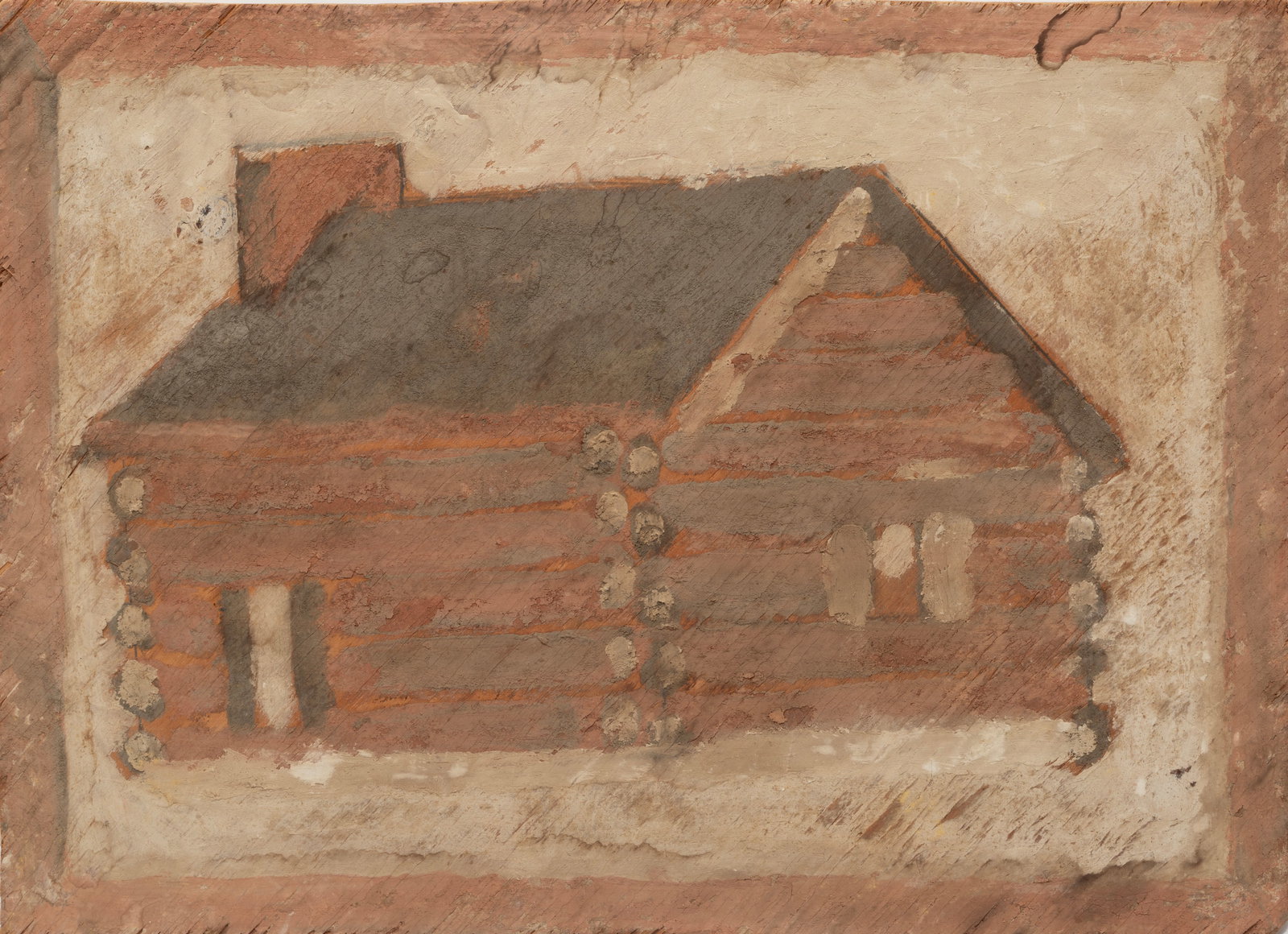 Jimmie Lee Sudduth, American/American 1910-2007, "Cabin", mud, paint and graphite on found panel, 17: Jimmie Lee Sudduth American/American, 1910-2007 "Cabin" mud, paint and graphite on found panel unsigned, unframed. 17 1/4 x 23 1/2 in. (43.8 x 59.7 cm.)