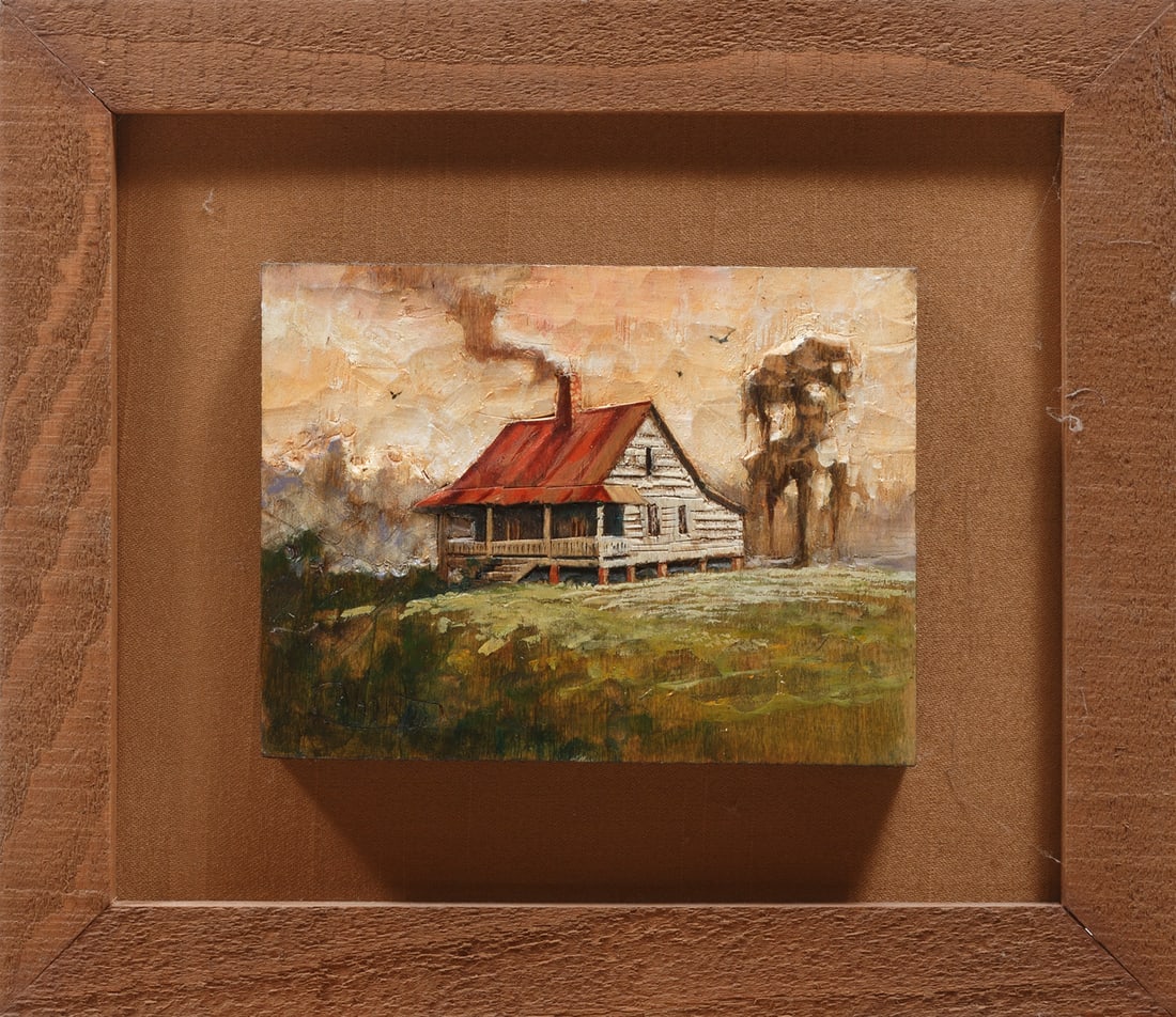 Chestee Harrington, American/Louisiana b. 1941, "Verdant Landscape with Cabin", oil on carved wood, (1 of 3)