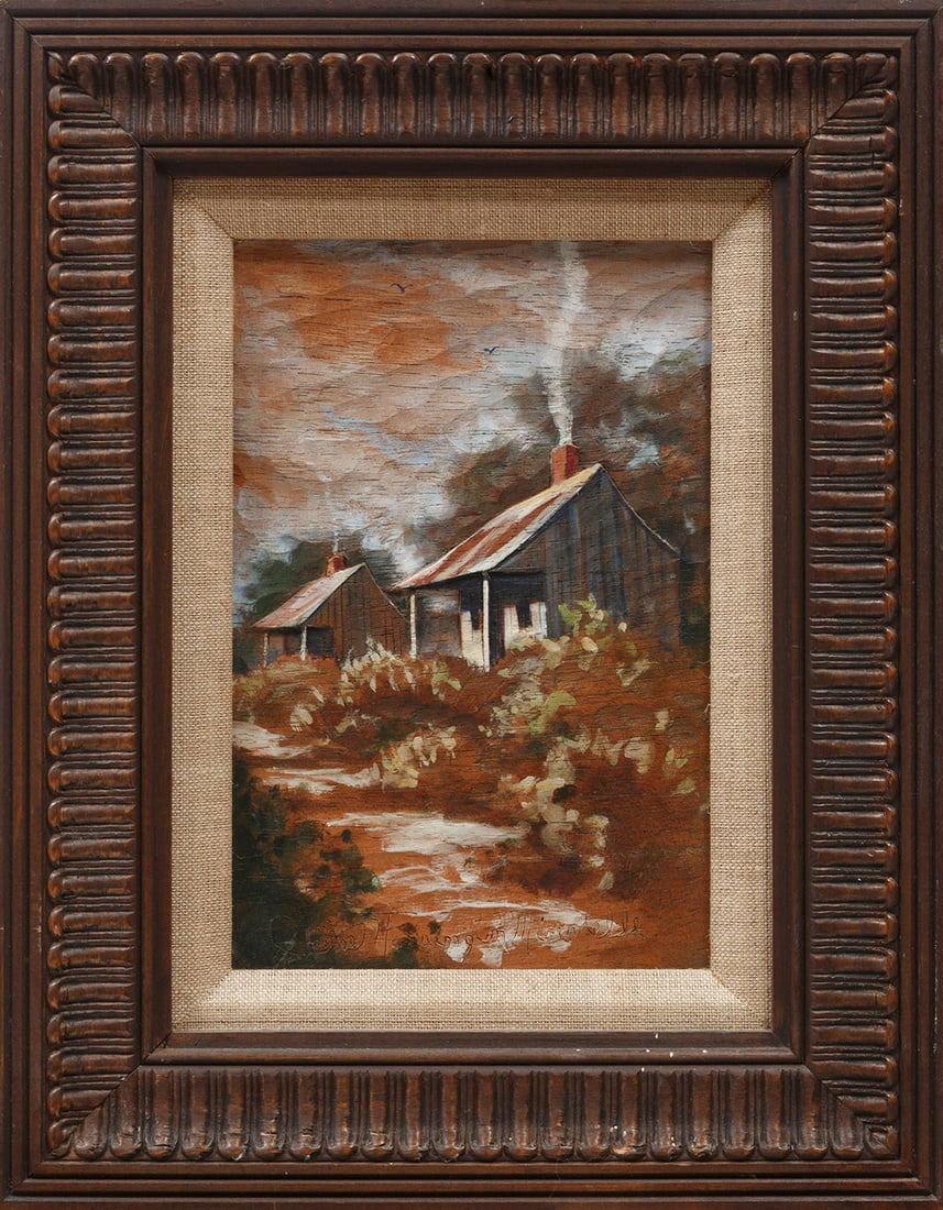 Chestee Harrington, American/Louisiana b. 1941, "Reserve, LA", oil on carved wood, 9 3/4 x 6 5/8 in. (1 of 3)
