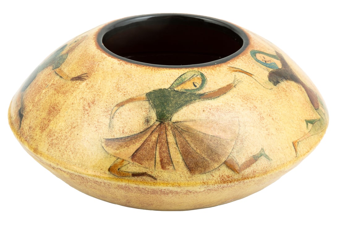 Polia Pillin (Los Angeles, 1909-1992): Polia Pillin (Los Angeles, 1909-1992)glazed earthenware vase, signed, with a frieze of dancers, h. 5 1/2 in., dia. 11 3/4 in.