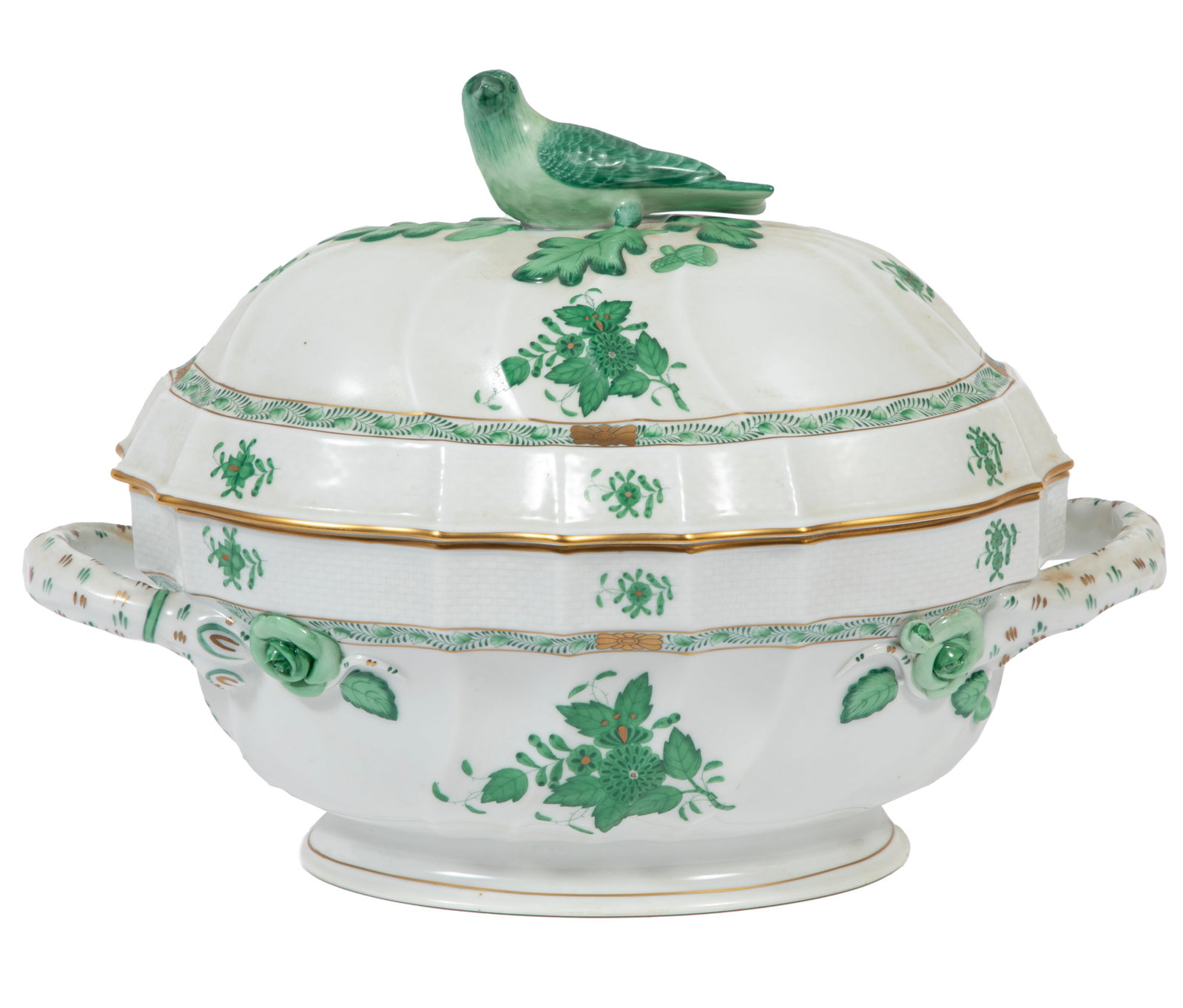 Herend Porcelain "Chinese Bouquet" Tureen: Herend Porcelain "Chinese Bouquet" Tureen marked, bird finial, h. 9 in., w. 13 in., d. 8 in.