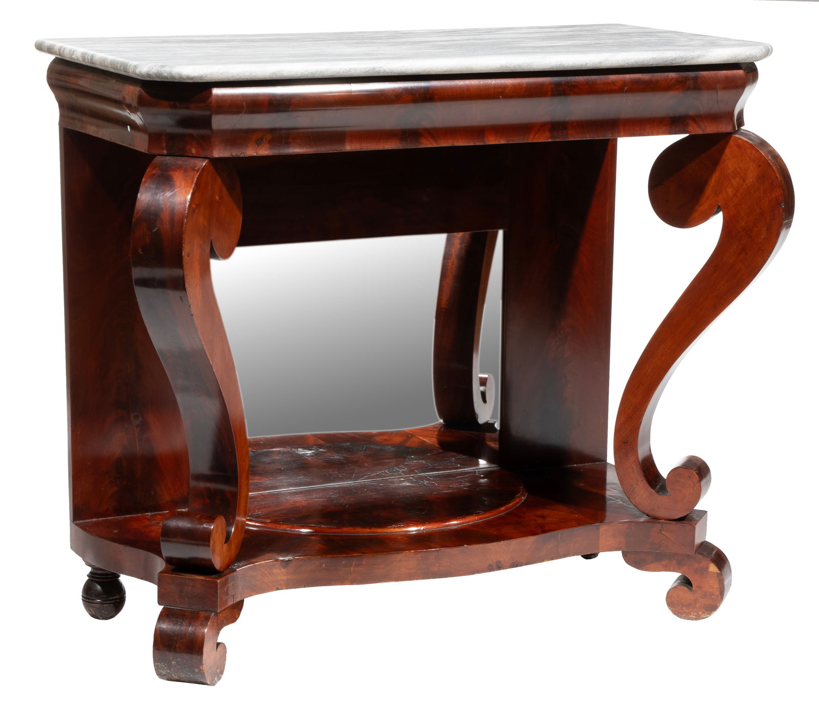 American Classical Carved Mahogany Pier Table, 38 x 42 1/2 x 21 in. (96.5 x 108 x 53.3 cm.) (1 of 4)