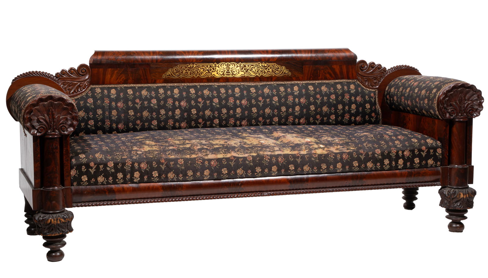 American Classical Carved Mahogany Settee 34 x 86 x 24 1/2 in. (86.4 x 218.4 x 62.2 cm.) (1 of 5)