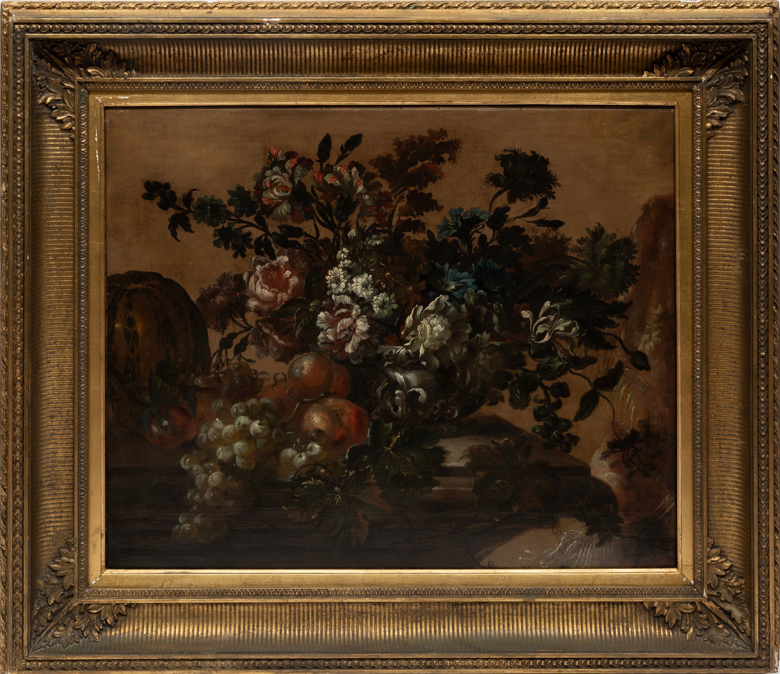 Jean-Baptiste Monnoyer, French 1634-1699, "A Still Life of Summer Flowers and Fruit on a Table", oil: † † Jean-Baptiste MonnoyerFrench, 1634-1699"A Still Life of Summer Flowers and Fruit on a Table"oil on canvasunsigned, conservators label with date attached to stretcher, framed.