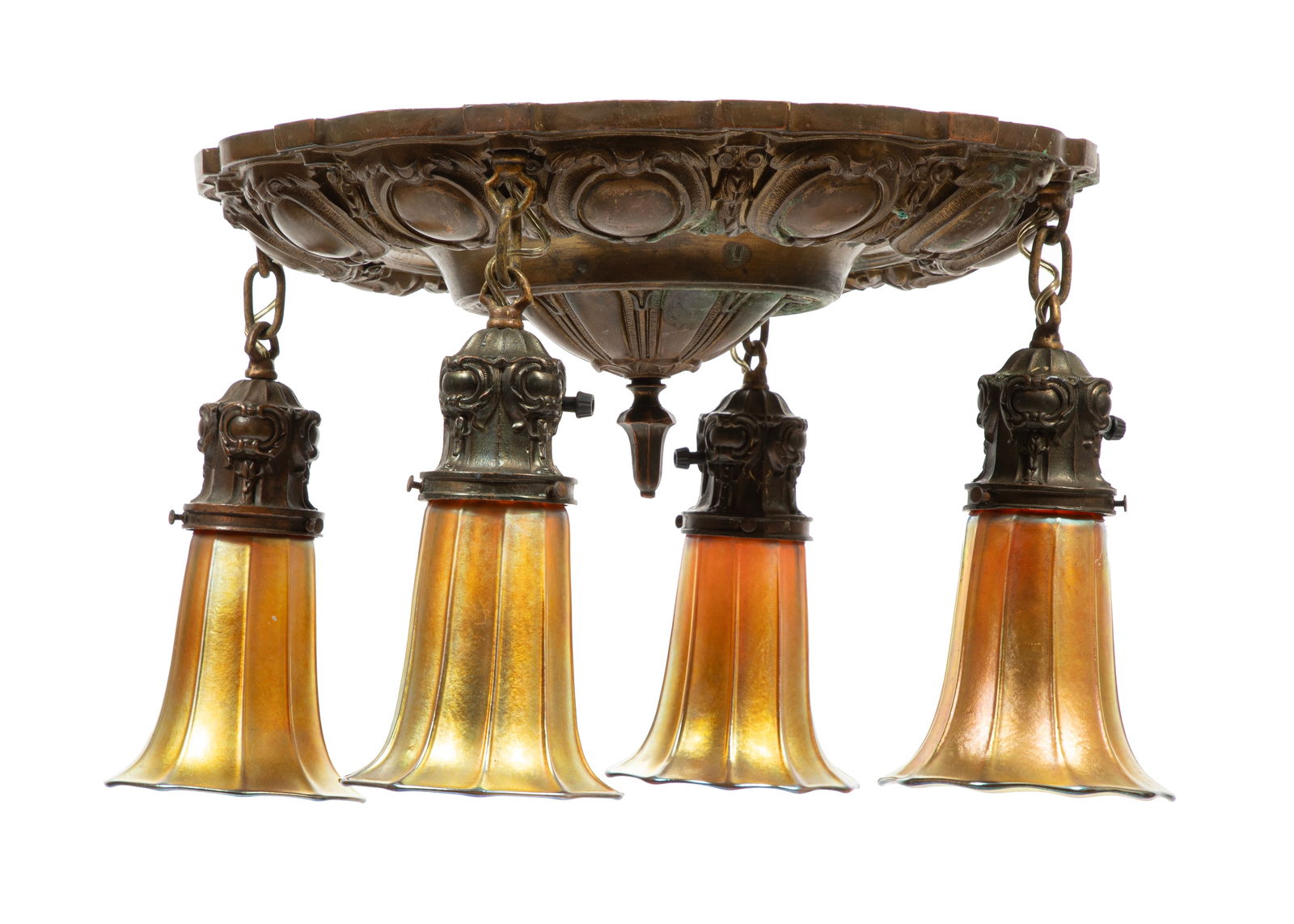 American Bronze and Art Glass Four-Light Chandelier h. 11 1,2 in., dia. 20 in. (1 of 3)