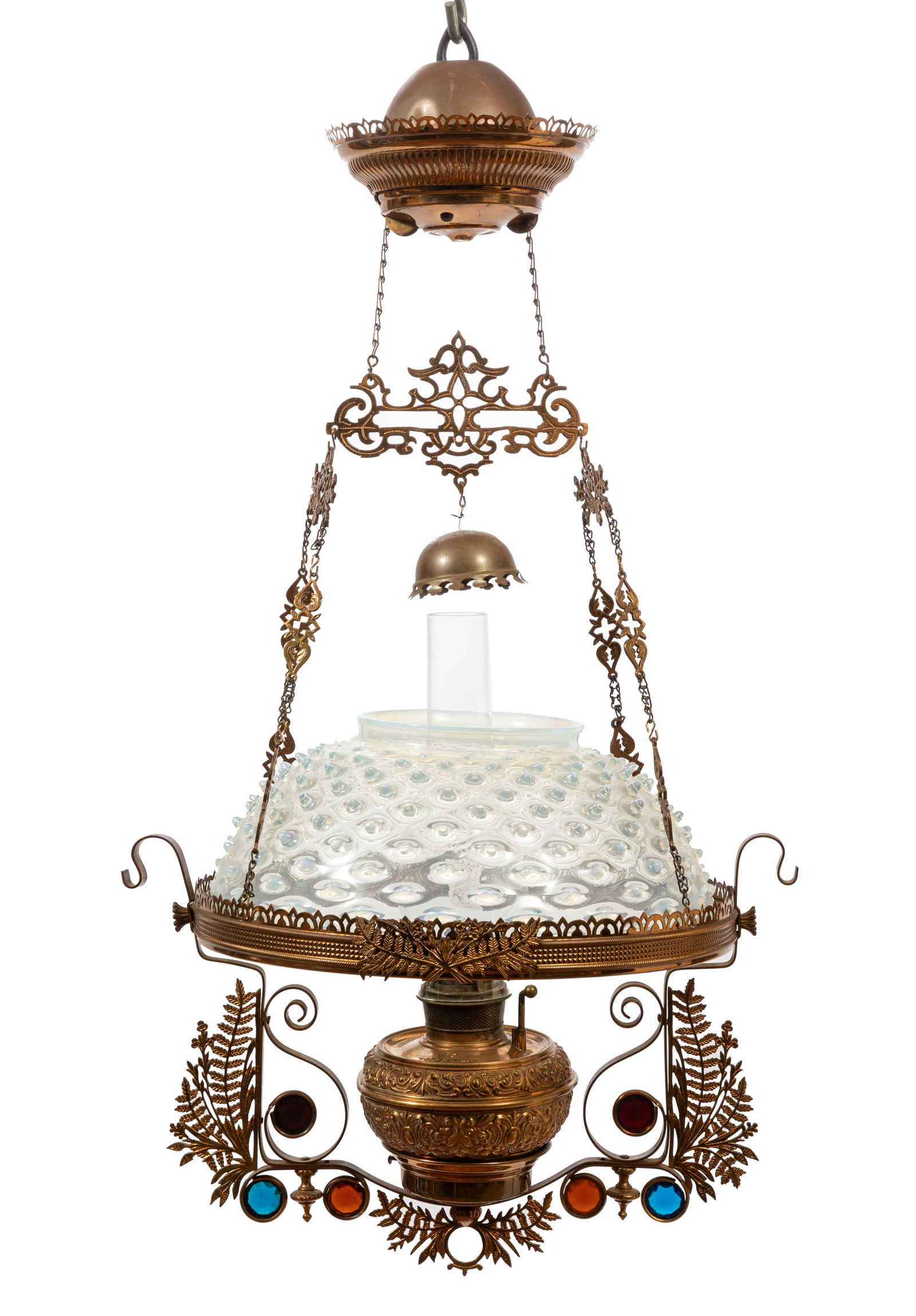 American Aesthetic Brass and Glass Chandelier: American Aesthetic Brass and Glass Chandelierhobnail shade, Bradley & Hubbard oil lamp, h. 35 in., dia. 14 in.Provenance: Estate of William Jay Atzenhoffer, Victoria,Tx
