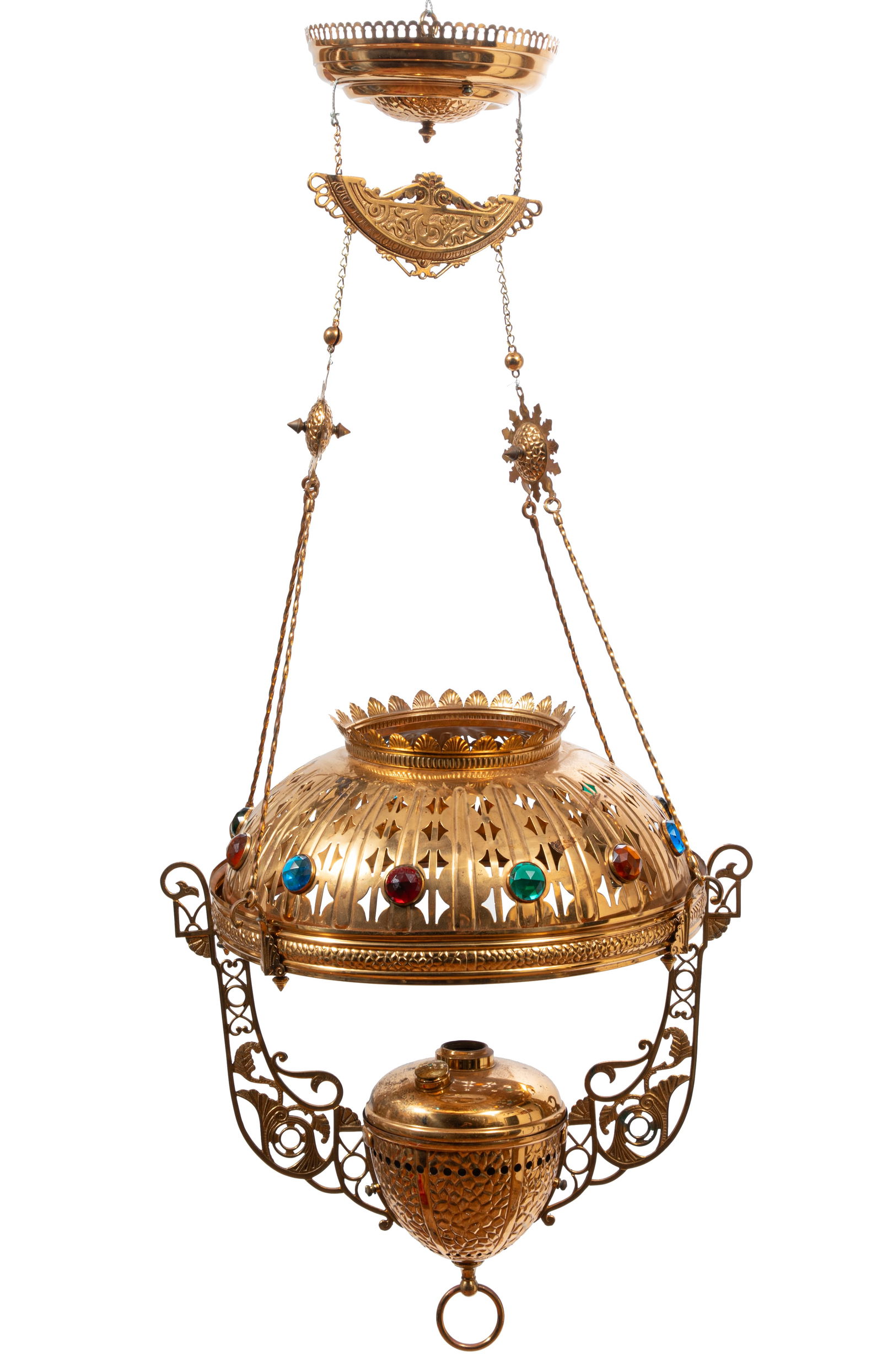 American Aesthetic Brass Chandelier: American Aesthetic Brass Chandelierwith inset glass "jewels", lamp lacking burner, h. 38 in., dia. 14 in.Provenance: Estate of William Jay Atzenhoffer, Victoria,Tx