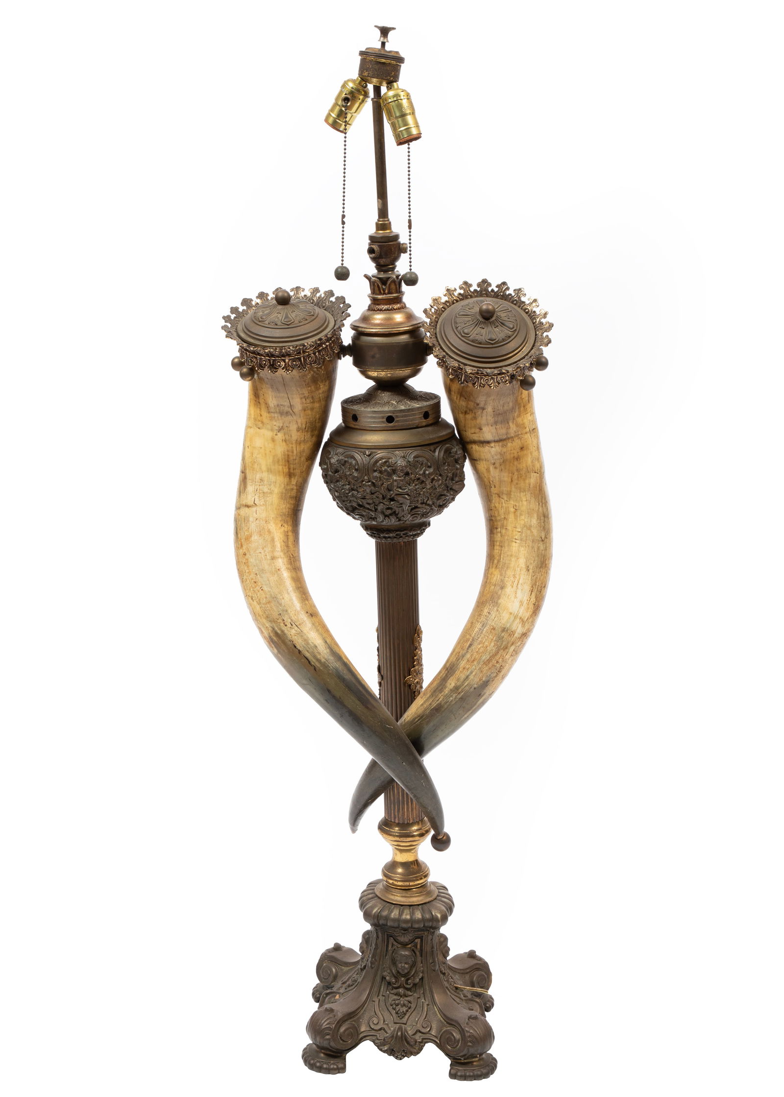 American Brass and Steer Horn Banquet Lamp h. 48 in., w. 14 in., d. 10 in. (1 of 3)