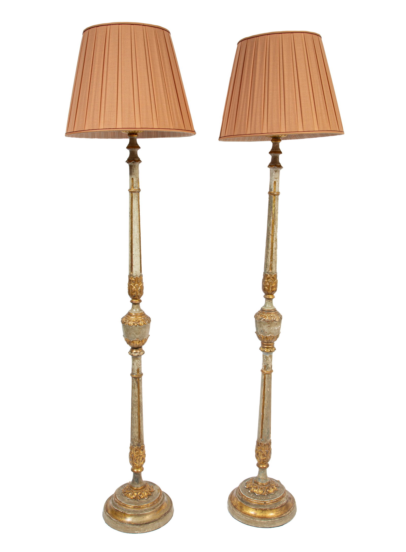 Pair Antique Italian Carved and Polychrome Floor Lamps h. 83 in., dia. 20 in. (1 of 4)