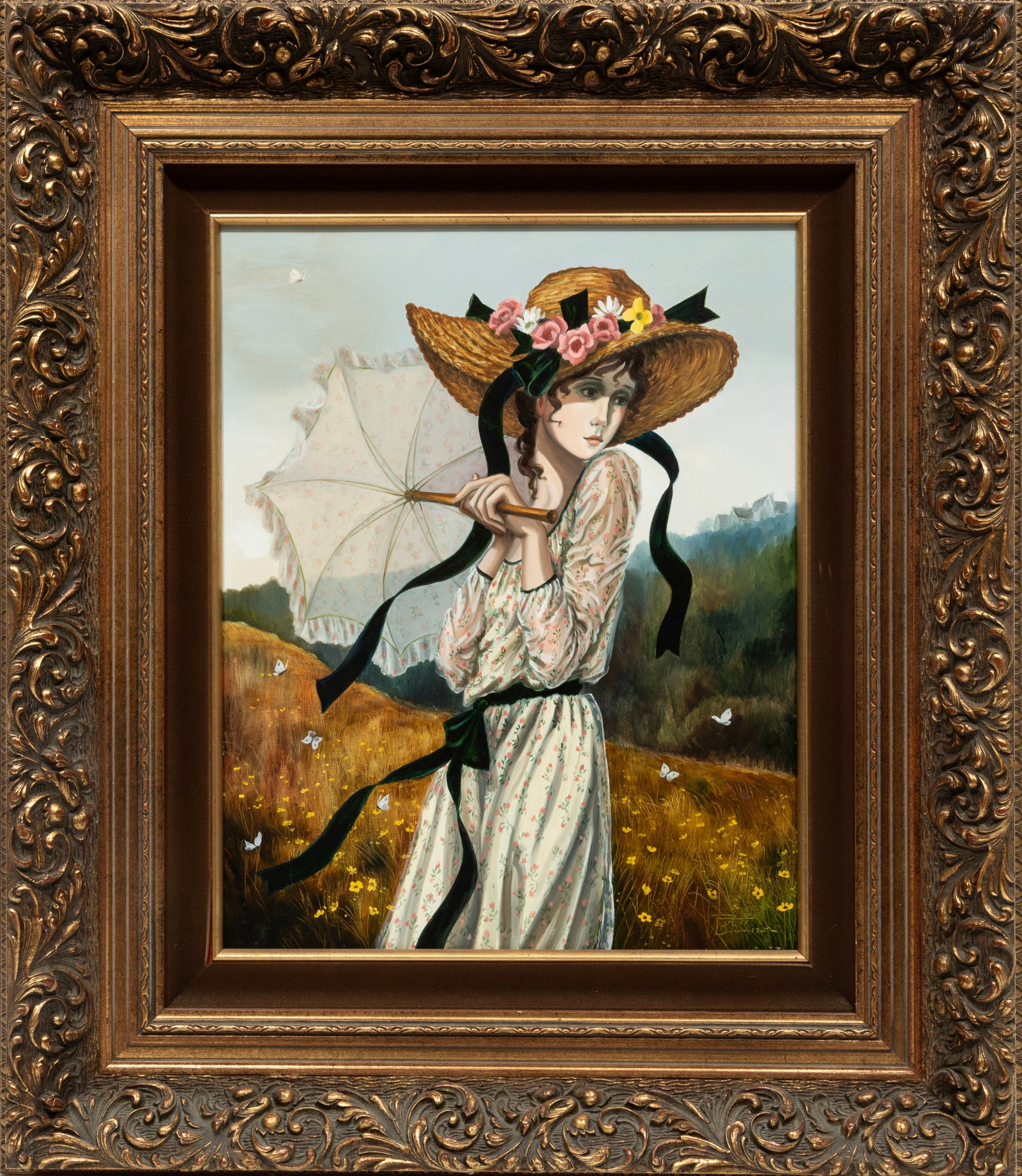 Pati Bannister, American/Mississippi 1929-2013, ?Girl with Flowered Hat and Parasol?, oil on: † † Pati Bannister American/Mississippi, 1929-2013 “Girl with Flowered Hat and Parasol” oil on masonite signed lower right, framed. 20 x 16 in. (50.8 x 40.6 cm.), Frame: 31 3/8