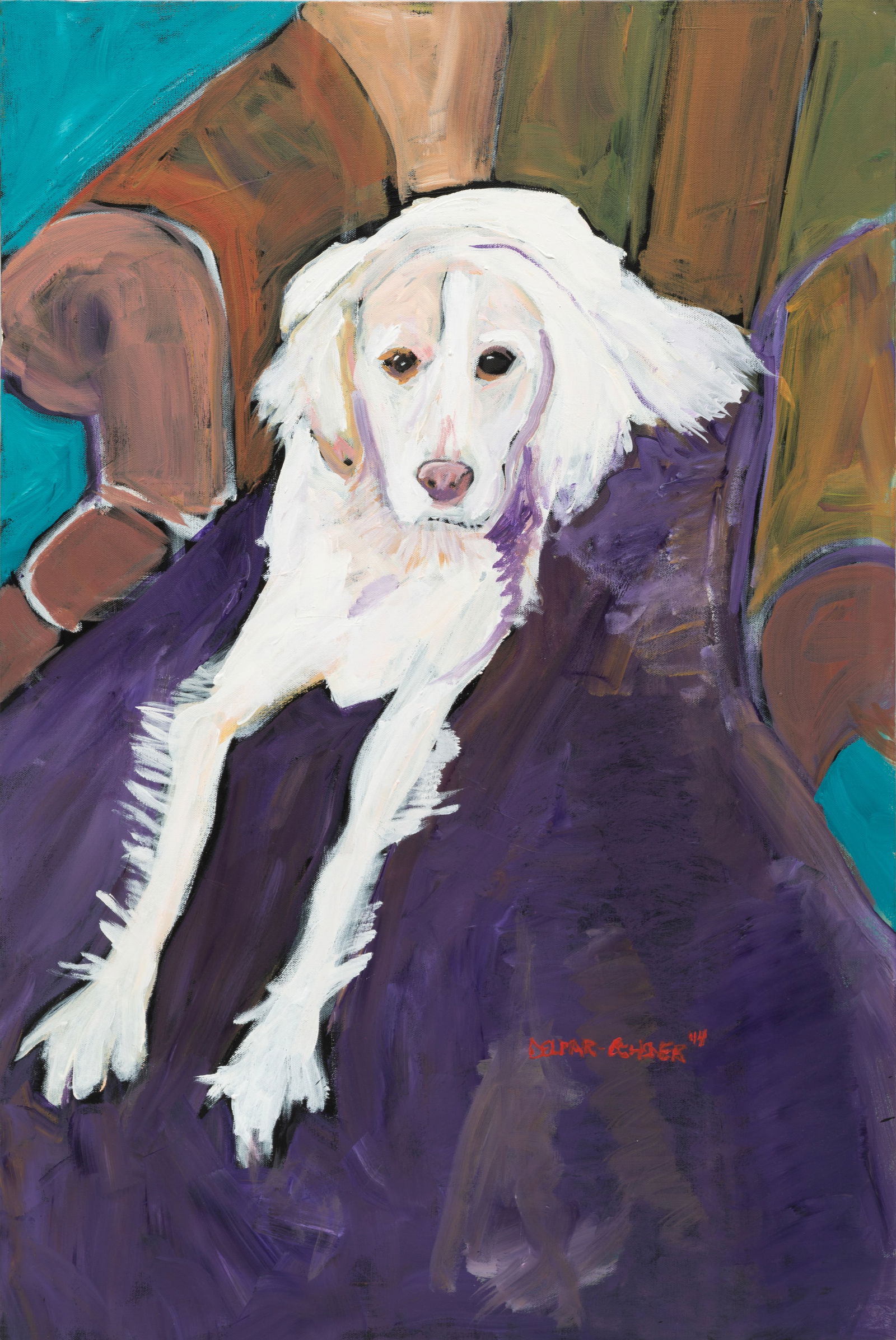 Rise Delmar-Ochsner, American/Louisiana b. 1944, "White Dog on Purple Chair", acrylic on (1 of 6)