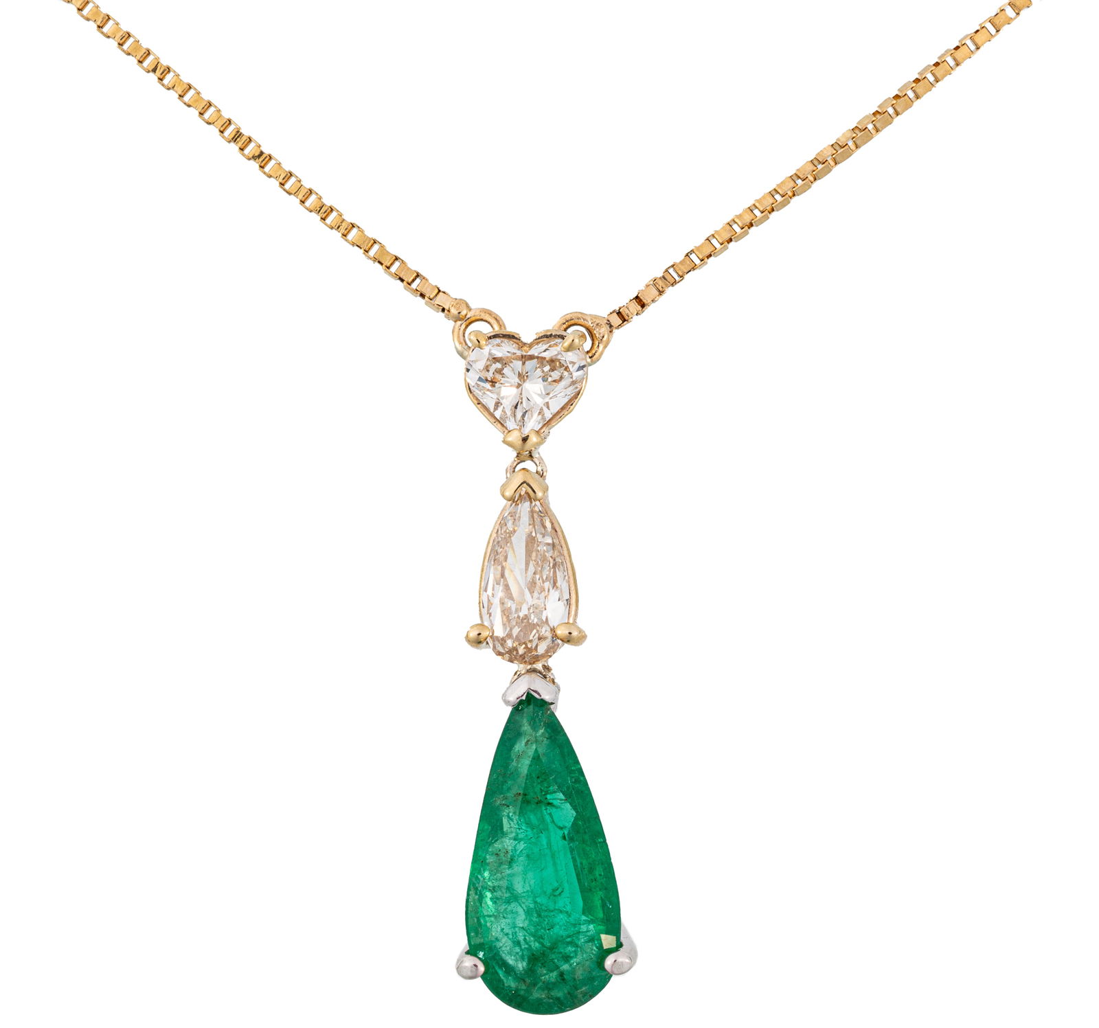 14 kt. Two Tone Gold, Emerald and Diamond Pendant on Chain