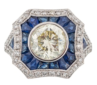 Art Deco Style 18 kt. White Gold, Diamond and Sapphire Ring