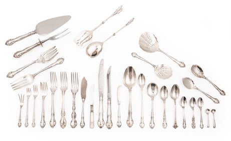 Gorham "English Gadroon" Pattern Sterling Silver Flatware Service,, pat. 1939, designed by F.