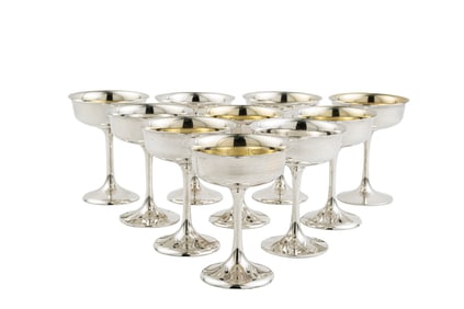 Set of Ten Shreve and Co. Sterling Silver Champagne Coupes, H. 5 in.