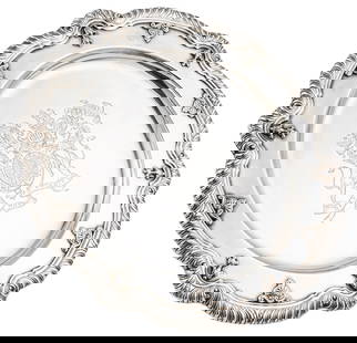 George II Sterling Silver Charger, Paul de Lamerie, London, 1746 dia. 13 in., weight 49.40 troy ozs.: George II Sterling Silver Charger, Paul de Lamerie, London, 1746engraved with royal crest and motto of George IIdia. 13 in., weight 49.40 troy ozs.