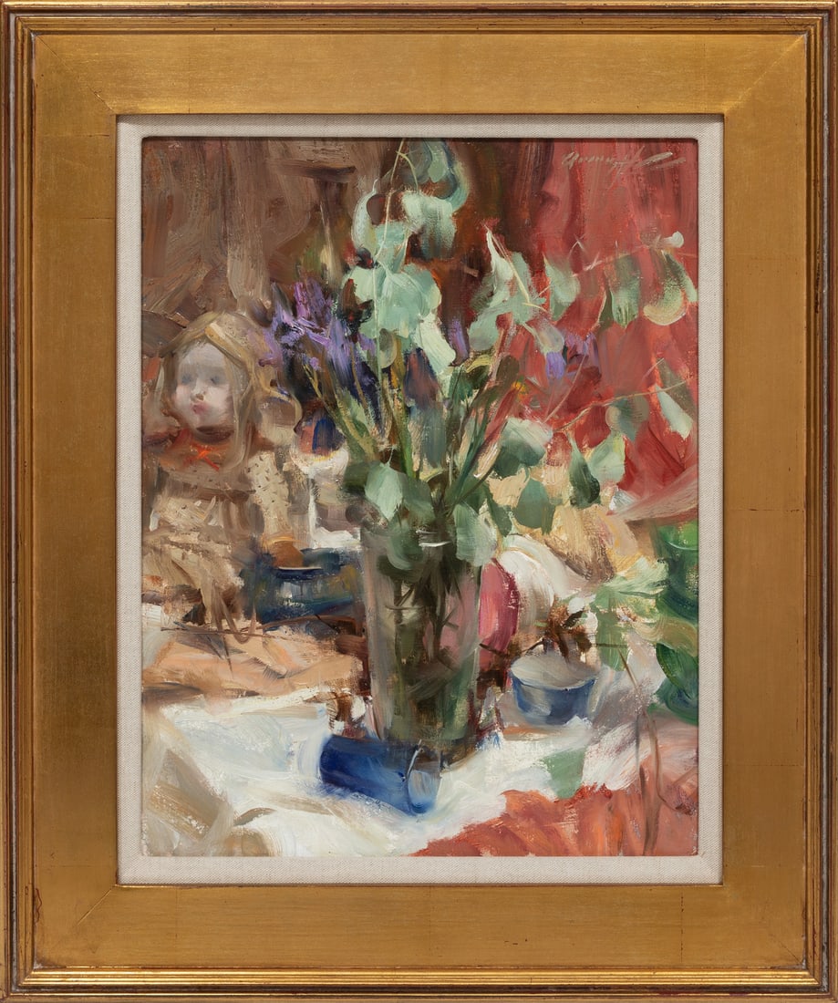 Quang Ho, Vietnamese/Colorado b. 1963, "Eucalyptus and Porcelain Doll", oil on canvas laid on board,: Quang HoVietnamese/Colorado, b. 1963"Eucalyptus and Porcelain Doll"oil on canvas laid on board1996, signed upper right, signed, titled and dated en verso, framed.18 x 14 in. (45.7 x 35.6 cm.