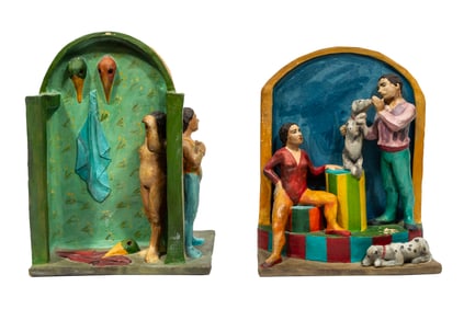 Paola Case Borgatta, American/New York 20th c., ?Dog Theatre? and ?Carnival: Printed Leopard?, 2 oil