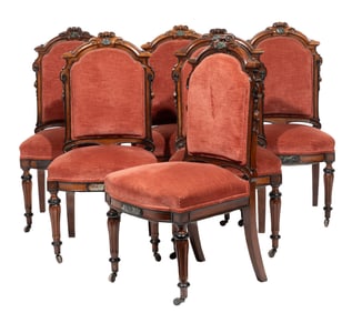 Set of Six American Renaissance Inlaid Walnut Dining Chairs 38 1/2 x 19 x 16 1/2 in. (97.8 x 48.3 x