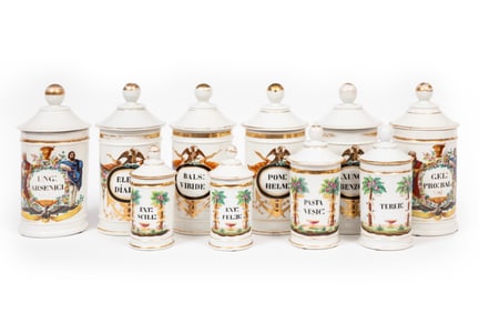 Ten Antique Paris Porcelain Apothecary Jars