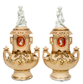 Pair of Paris Porcelain Portrait Urns h 18 1/2 in. x w 9 in. x d 7 1/2 in.