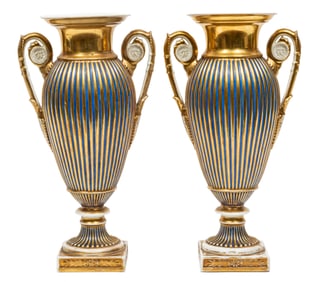 Pair of Paris Porcelain Gilt and Cobalt Vases 13 x 7 x 4 1/2 in. (33 x 17.8 x 11.4 cm.)
