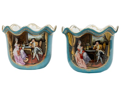 Pair of Large Sevres-Style Polychrome and Gilt Cachepots 13 x 16 in. (33 x 40.6 cm.)