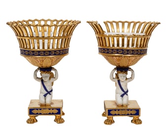 Pair of Paris Porcelain Bleu, Gilt and Bisque Corbeilles 12 x 9 in. (30.5 x 22.9 cm.)