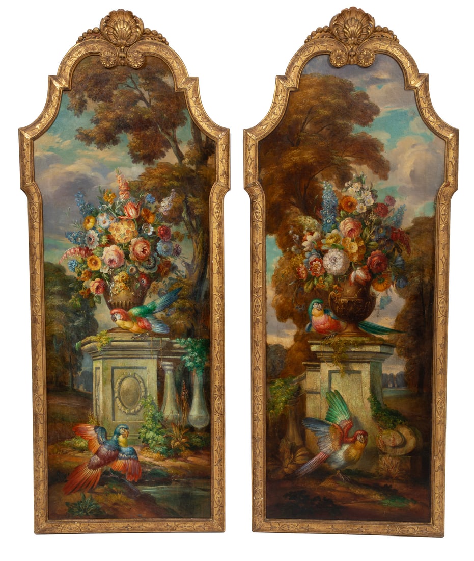 Continental School late 19th/early 20th c., "Still Lifes with Classical Urns and Parrots", 2 oils on (1 of 13)