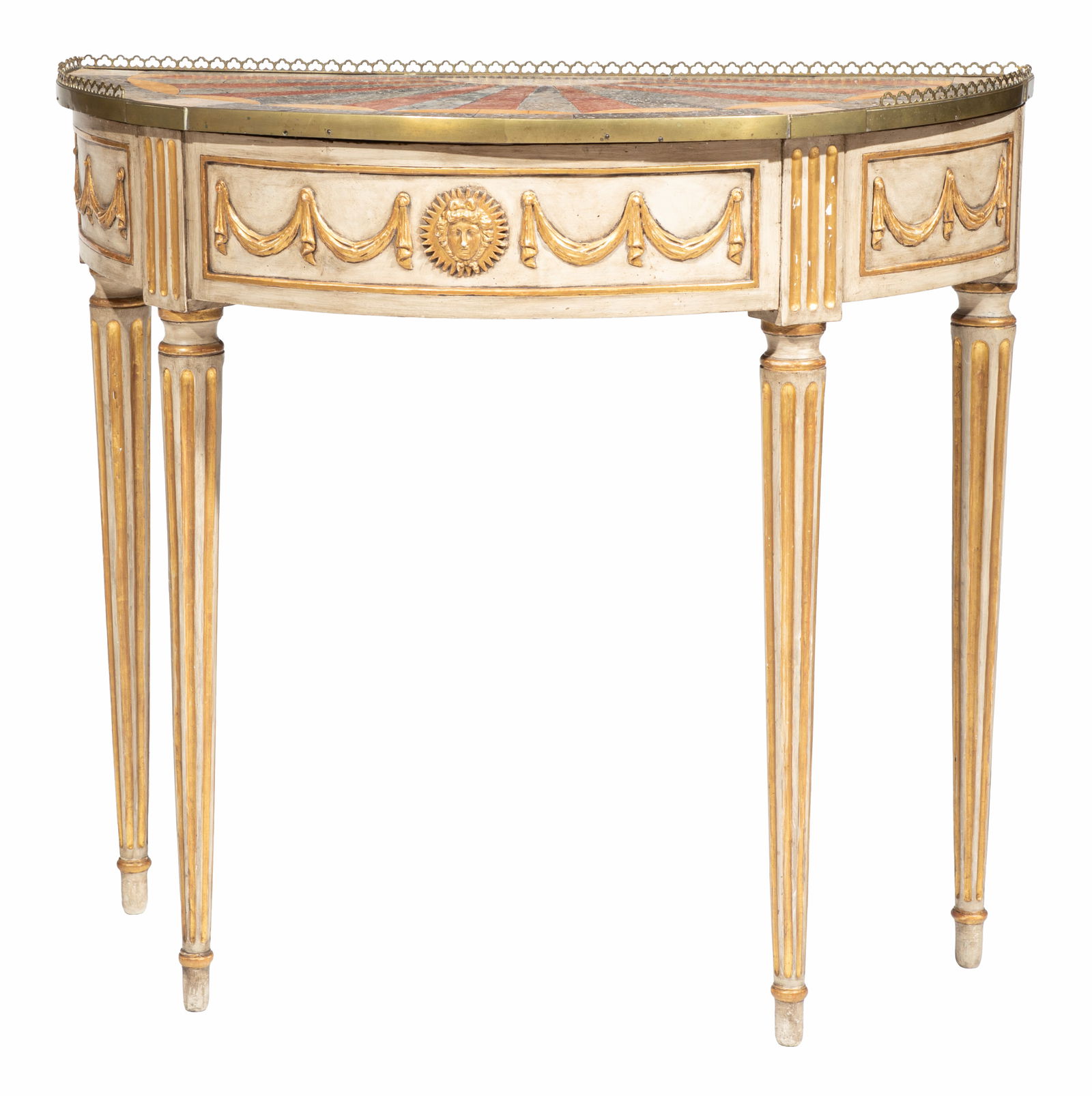 Italian Neoclassical Parcel Gilt and Cr?me Peinte Scagliola Top Demilune Console 35 1/2 x 18 x 38 (1 of 3)