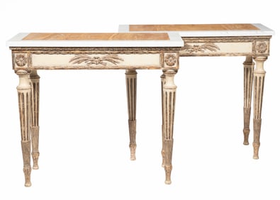 Pair of Italian Neoclassical Parcel Gilt and Creme Peinte Console Tables