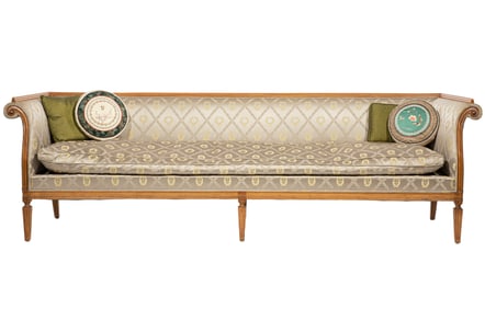 Biedermeier-Style Carved Fruitwood Settee 32 x 108 x 25 1/2 in. (81.3 x 274.3 x 64.8 cm.)