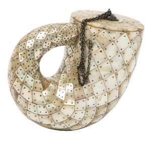 Indo-Portuguese Mother-of-Pearl Powder Horn 5 x 5 3/4 x 3 1/4 in. (12.7 x 14.6 x 8.3 cm.)