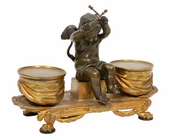 Antique French Gilt Bronze Figural Encrier 5 3/4 x 7 3/4 x 3 3/4 in. (14.6 x 19.7 x 9.5 cm.)