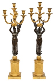 Pair of Empire Gilt and Patinated Four-Light Figural Candelabra 28 x 9 in. (71.1 x 22.9 cm.)
