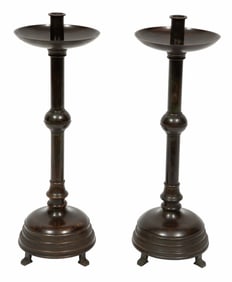Pair of Continental or Asian Bronze Candlesticks, h. 18 in., dia. 6 in.