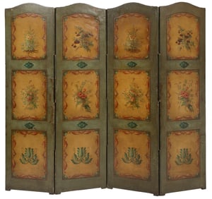 Antique Continental Four-Panel Painted Screen.