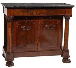 American Classical Carved Mahogany and Marble Top Side Cabinet