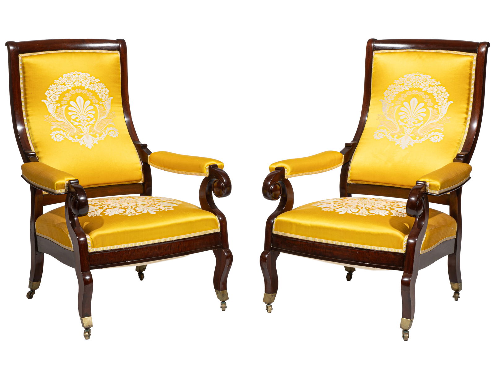 Very Rare Pair of Classical Mahogany Armchairs: Very Rare Pair of Classical Mahogany Armchairsc. 1830, attributed to Duncan Phyfe, brass casters stamped ?Crown above A Thorpe?, for Andrew Thorpe, New York, shaped crest rail, tall scrolled padded ba