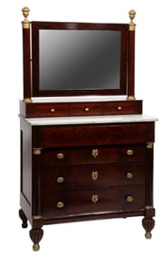 American Classical Carved Mahogany, Bronze-Mounted and White Marble Dressing Bureau 71 x 39 1/2 x 23
