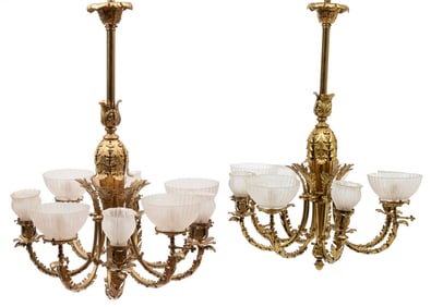 Pair of Continental Bronze Eight-Light Gasoliers 43 x 26 in. (109.2 x 66 cm.)