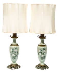Pair of French Bronze-Mounted Porcelain Carcel Lamps