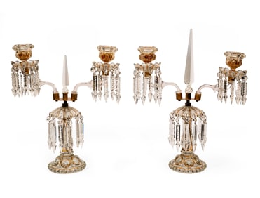Pair of Baccarat-Style Cut-Crystal Two-Light Candelabra 21 x 16 x 5 1/2 in. (53.3 x 40.6 x 14 cm.)